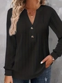 Dames v-hals shirt met lange mouwen in het zwart met knoopjes en een geribde textuur - S / Tops / Zwart
