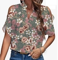 Detail of floral V-neck cold shoulder summer blouse with retro green fabric and pink prints - Color 1