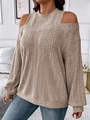 Detail of oatmeal knit sweater showing cold-shoulder design and ribbed vertical texture - S / Apricot