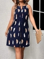 Dunkelblaues Sommerkleid mit weißem Federmuster und elegantem Neckholder-V-Ausschnitt - S / Marineblau