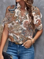 Detail of V-neck cold shoulder summer blouse with intricate ethnic paisley print for women - Color 6