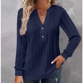 Donkerblauwe wafelgebreide damesshirt met lange mouwen, V-hals en knoopsluiting - Marineblauw