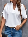 Detail of white V-neck cold shoulder chiffon top with elegant ruffled short sleeves - White