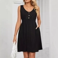 Vestido sin mangas negro de algodón y lino con cuello en V, botones de madera y bolsillos - S / Negro