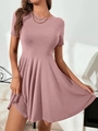 Kurzärmeliges A-Linien-Kleid in Altrosa mit Rundhalsausschnitt und feiner Rippstruktur - S / Rosa