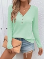 Pale green waffle knit V-neck Henley shirt with long sleeves and wooden buttons - S / Light Green