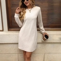 Women's casual beige knit long sleeve mini dress with textured wave pattern and crew neck - S / Apricot
