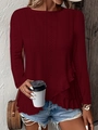 Detail of burgundy long sleeve top with intricate eyelet embroidery and tiered ruffles - S / Tops / Burgundy