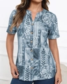 Close-up of short-sleeve women shirt with floral leaf print and amber buttons - S / Sky Blue