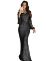 Detailed view of the deep V-neck and dense fringe tassels on this black sequin evening gown - Black