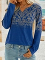 Detail of V-neck long sleeve top with blue baroque floral pattern and linen texture - Blue