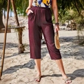 Women's burgundy high waist cropped wide leg pants with pockets for casual beach wear - S / Burgundy