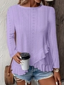 Detail of light purple long sleeve tee with eyelet embroidery and asymmetric ruffled hem - S / Tops / Violet