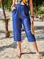 Women's casual high-waisted navy blue wide leg culottes with elastic waist and pockets - S / Blue