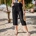 Women's casual black cropped pants with high waist elastic band and side pockets - S / Black