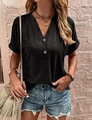 Detail of black V-neck t-shirt with decorative tortoiseshell buttons and rolled sleeves - S / Black