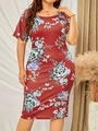 Abito midi rosso a fiori stile etnico con scollo quadrato e maniche a pipistrello moda - 1XL / Rosso