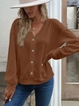 Rust brown waffle knit V-neck cardigan with amber buttons and relaxed long sleeves - S / Khaki