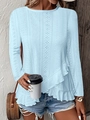 T-shirt femme bleu clair à manches longues en maille pointelle et ourlet volanté - Bleu ciel