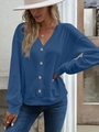 Women's V-neck long sleeve waffle knit cardigan with buttons in a solid dark blue hue - S / Blue