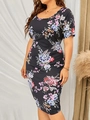 Abito aderente nero con stampa floreale colorata e maniche corte stile estivo - 1XL / Nero