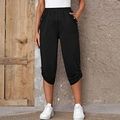 Women's black cropped pants with elastic waist and metal rivet details on pockets - S / Black