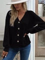 Women's black waffle knit cardigan with V-neck and decorative brown buttons for a loose fit - S / Black