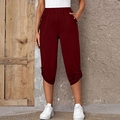 Women's casual wine red cropped pants with elastic waist and decorative buttons - S / Burgundy