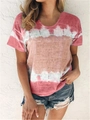 Casual round neck short sleeve t-shirt for women with pink and orange tie-dye pattern - S / Burgundy