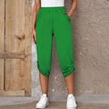 Women's casual cropped capri pants in grass green with elastic waist and button details - S / Fluorescent Green