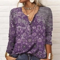 Close-up of vintage purple floral pattern and buttoned Henley neck on long sleeve top - Floral Dark Purple