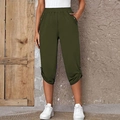 Army green cropped casual pants with elastic high waist and button detail on leg - S / Army Green