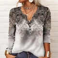 Detail of V-neckline with buttons on women's long sleeve top with paisley print - Khaki