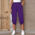 Women's casual dark purple capri pants with elastic waist and side button details - S / Purple