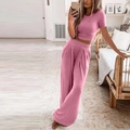 Conjunto de punto de dos piezas para mujer con top corto y pantalones de pierna ancha y alta - S / Top Y Pantalón / Rosa
