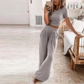 Graues zweiteiliges Rippstrick-Lounge-Set für Damen mit Crop Top und Hose mit weitem Bein - S / Grau