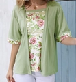 Women's plus size two-piece style top with green knit cardigan and rose floral print tee - XL / Yellow-Green