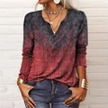 Women's long sleeve top featuring red gradient retro floral print and button V-neck - S / Burgundy