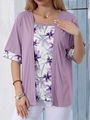 Women's plus size two-piece short sleeve T-shirt with light purple floral print - XL / Purple