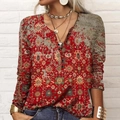 Close-up of bohemian long-sleeved shirt with ethnic print and v-neck button detail - S / Floral Red