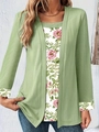 Detail of light green ribbed knit cardigan with floral print patchwork sleeves and inner panel - Yellow-Green