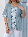 Women's two-piece light blue short sleeve t-shirt with floral print and matching cardigan - XL / Blue
