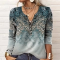 Women's long sleeve V-neck top featuring vintage paisley print and button detailing - S / Aqua