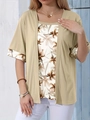 Women's plus size two-piece short sleeve T-shirt with light brown floral print design - XL / Khaki