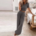 Zweiteiliges Damen-Strick-Lounge-Set in Dunkelgrau mit Crop-Top und weiter Hose - S / Dunkelgrau