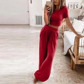 Damen-Strickset zweiteilig mit dunkelrotem Crop-Top und High-Waist-Hose mit weitem Bein - S / Rot