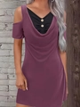 Abito due pezzi finto viola con spalle scoperte, inserto nero a V e bottoni eleganti - 1XL / Borgogna
