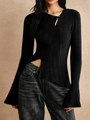 Top in maglia a costine nero da donna con orlo irregolare e maniche a campana - S / Nero