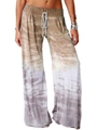 Detail of wide-leg yoga pants featuring brown gradient tie-dye and drawstring waist - S / Khaki