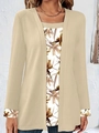 Top finto due pezzi da donna con cardigan a costine color albicocca e stampa floreale - S / Cachi